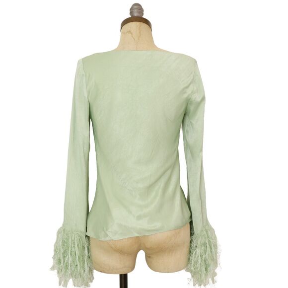 ASOS Design Long Sleeve Top With Feather Cuff Detail US 0 Sage Green Satin B21 - Picture 4 of 7